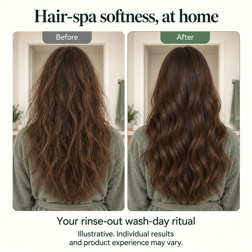 Hair-spa softness at home: illustrative before-and-after Hair Butter result. Individual results may vary.