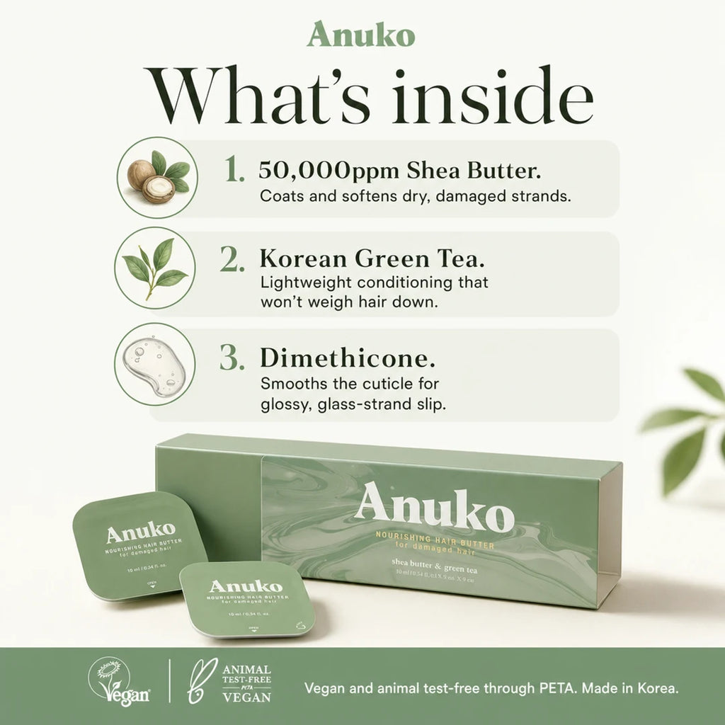 Anuko Travel Hair Butter ingredients card: shea butter and Korean green tea.