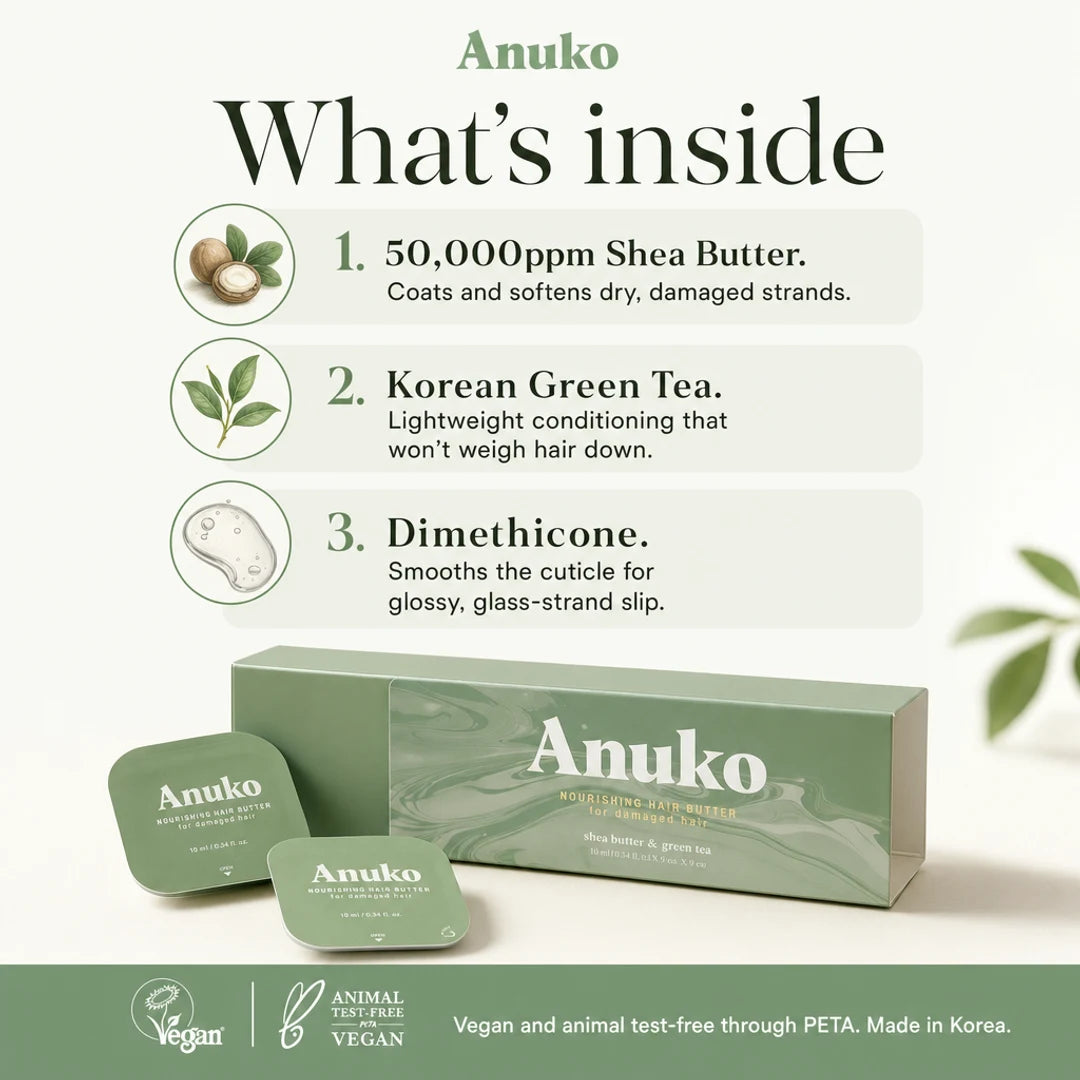 Anuko Travel Hair Butter ingredients card: shea butter and Korean green tea.