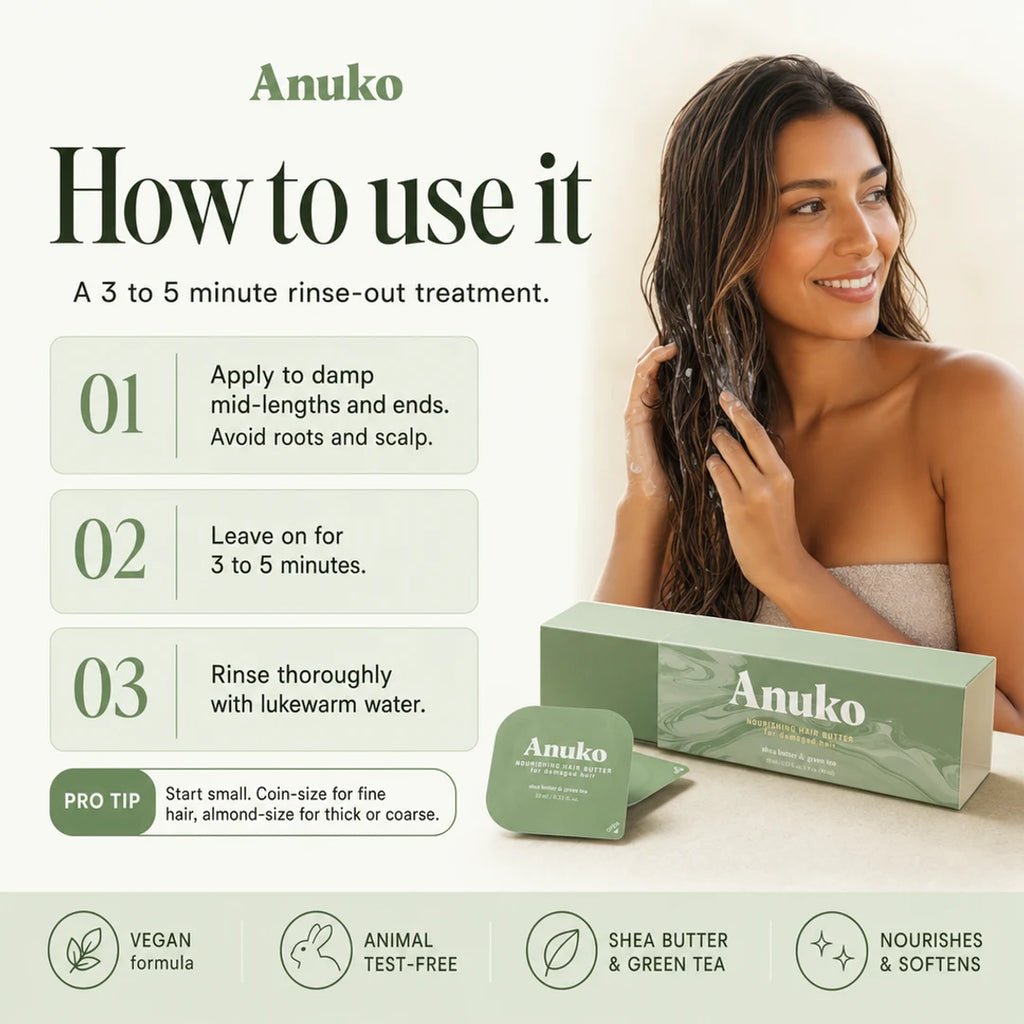 Travel Hair Butter routine with 10 ml sachets: apply to damp mid-lengths and ends, leave 3–5 minutes, then rinse.
