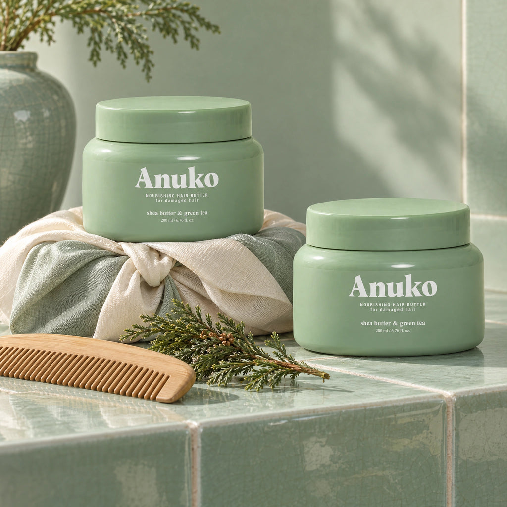 Two Hair Butter jars on a celadon ledge, one on a knotted bojagi gift wrap, with a bamboo comb