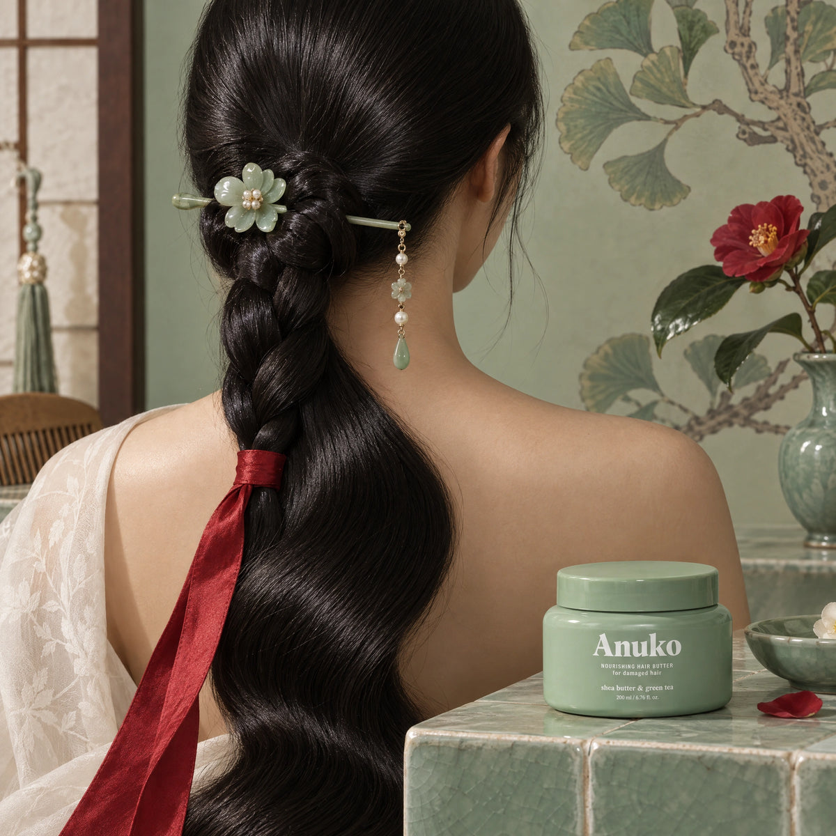 Long glossy braid tied with a red ribbon beside the Hair Butter jar