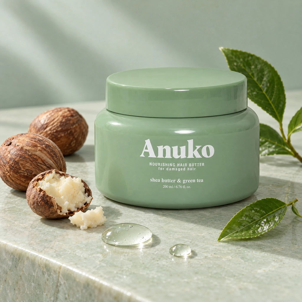 Hair Butter jar with shea nuts and green tea leaves