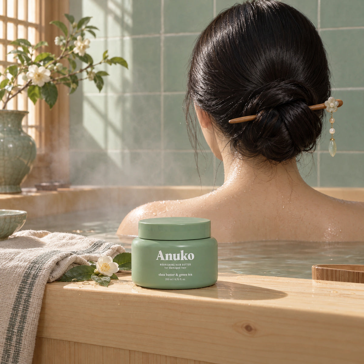 Woman in a warm bath with the Hair Butter jar on the ledge