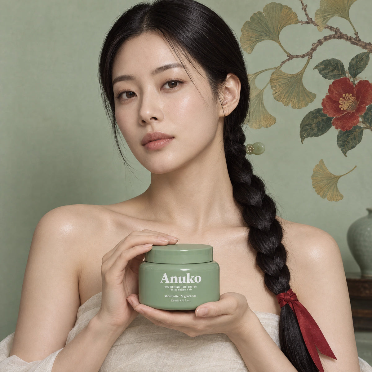 Editorial portrait of a woman with braids holding the Hair Butter jar
