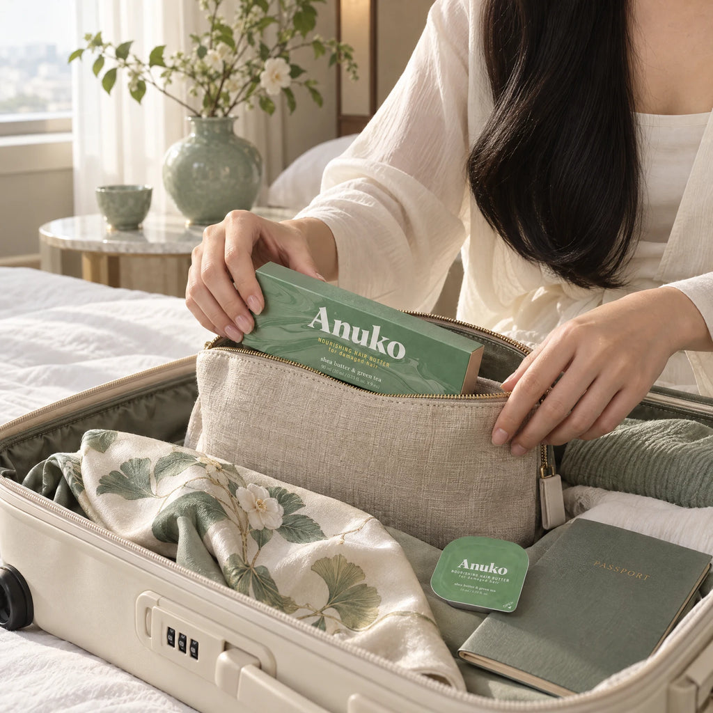 Packing the Travel Hair Butter case into a linen pouch in a carry-on