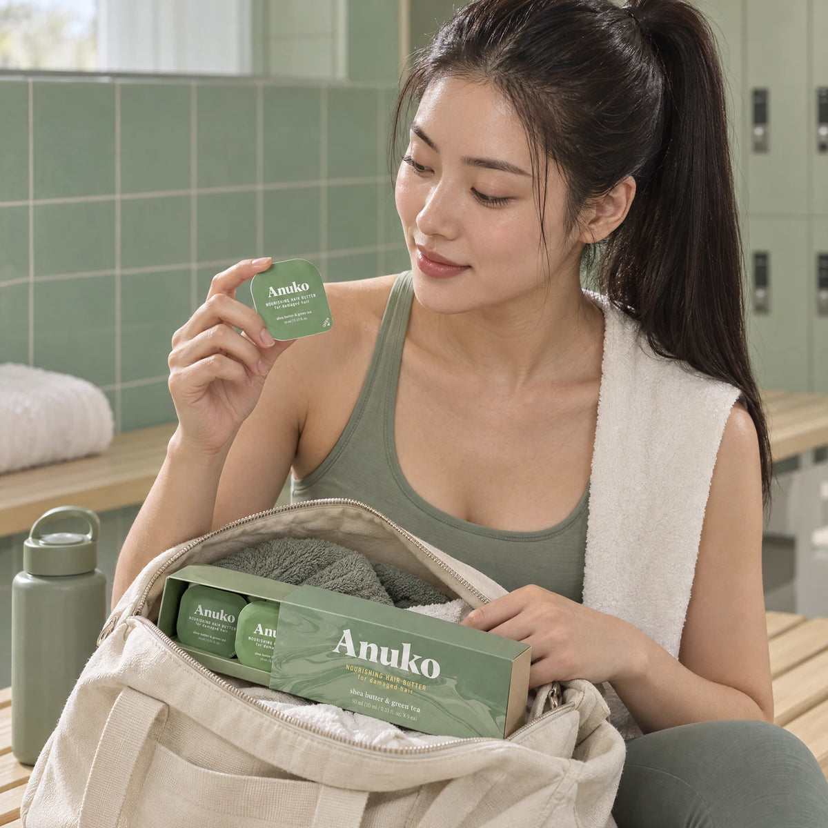 Woman in a locker room taking a capsule from the Travel case in her gym bag