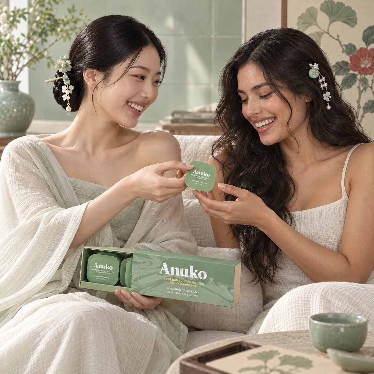 Two friends sharing Travel Hair Butter capsules on a sofa