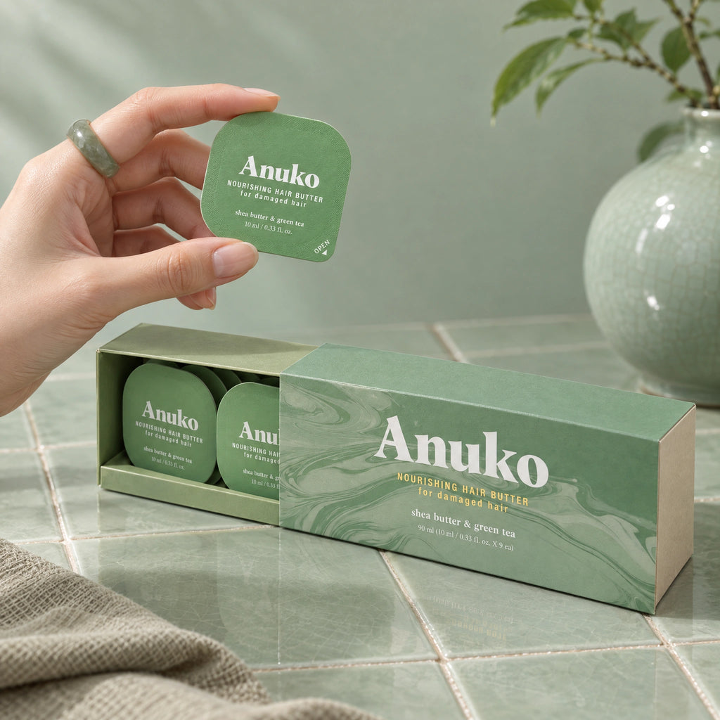 Hand holding one Travel Hair Butter capsule above the open case